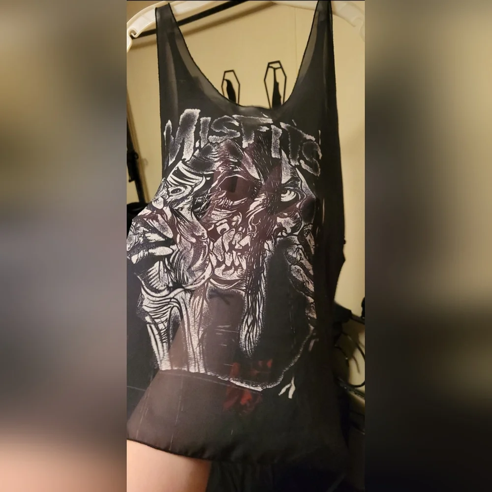 Vtg USA blk mesh Misfits skull mommy can I kill tonight graphics sheer tank XL - Picture 9 of 17